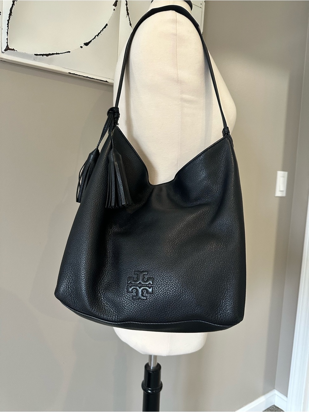 Authentic Tory Burch Black Pebbled Leather Shoulder Hobo with Tassel